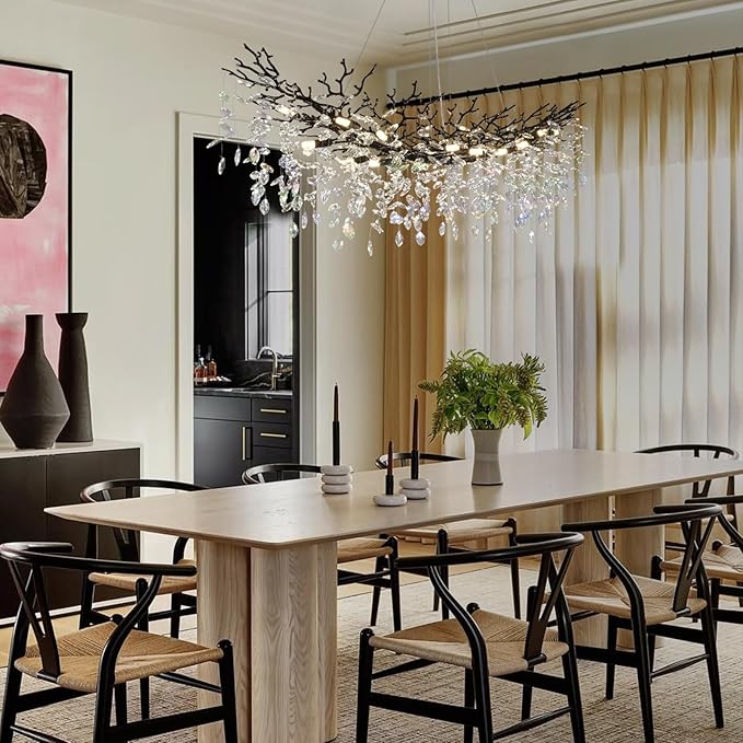 Modern Black Rectangle Crystal Tree Branch Chandelier, 55" 16-Light K9 Crystal Chandeliers for Dining Room, Rectangular Dining Room Chandelier Over Table,for High Ceiling,Kitchen