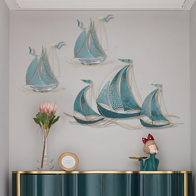 3 PCS Metal Wall Art, Large Metal Sailboat Wall Decor, Modern Home Wall Sculpture for Office, Bedroom, Living Room, Dining Room