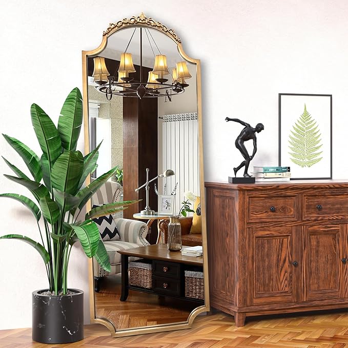 Large Gold Arched Mirror, 61"x22" Vintage Floor Mirror for Dressing, Ornate Baroque Mirrors Full Length, Traditional Carved Mantel Mirrors for Living Room Bathroom Bedroom Entryway