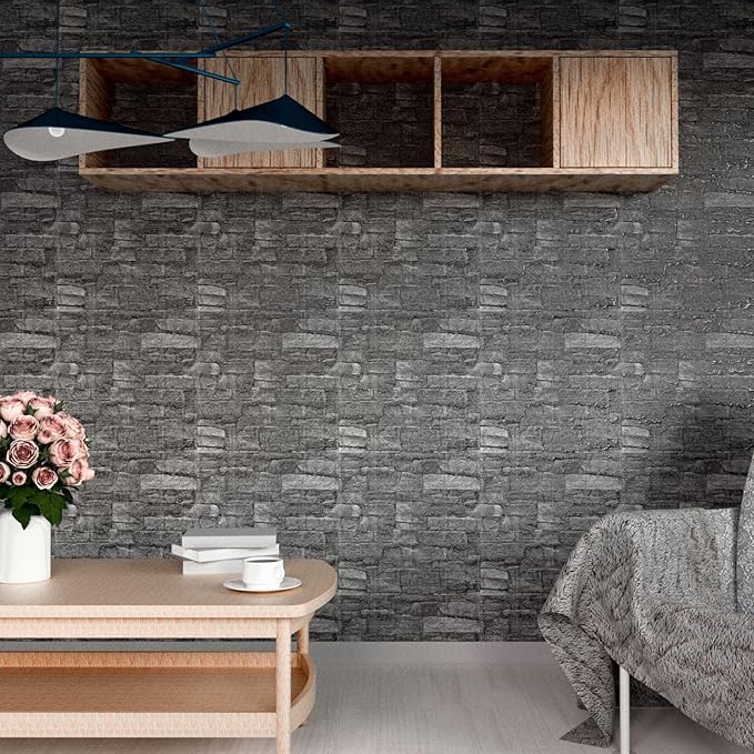 3D Wall Panels Peel and Stick in Black Grey Stone, 10 PCS XPE Foam 3D Wallpaper, Textured Faux Brick Wall Panels for Bedroom, Stairs, Kitchen