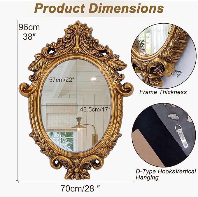 Large Antique Mirror, 28'' x 38'' Ornate Vinatge Gold Mirror with Baroque Framed, Decorative Mirrors for Living Room Dining Room Bedroom Entryway Fireplace