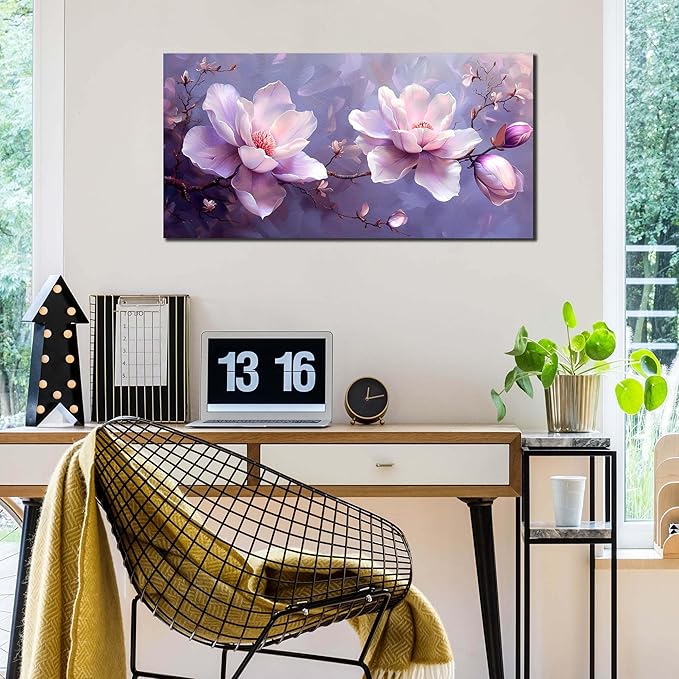 ANCXWOTER Botanical Wall Art Pink Purple Flower Artwork Modern Floral Canvas Prints for Living Room Bedroom Office Kitchen 20"x40"