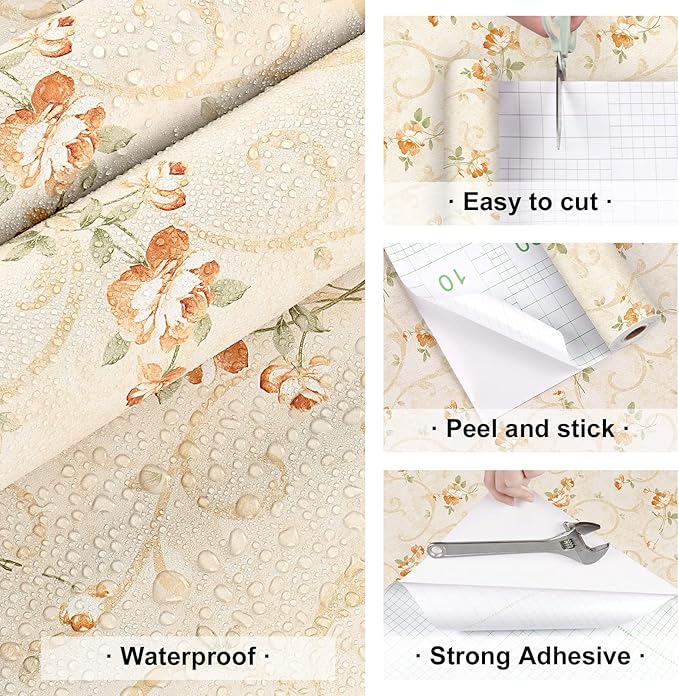 17.5"x315" French Country Wallpaper Beige Vintage Floral Peel and Stick Wallpaper for Accent Walls Yellow Wild Flowers Rustic Boho Contact Paper Floral Removable Contact Paper Wall Decorative