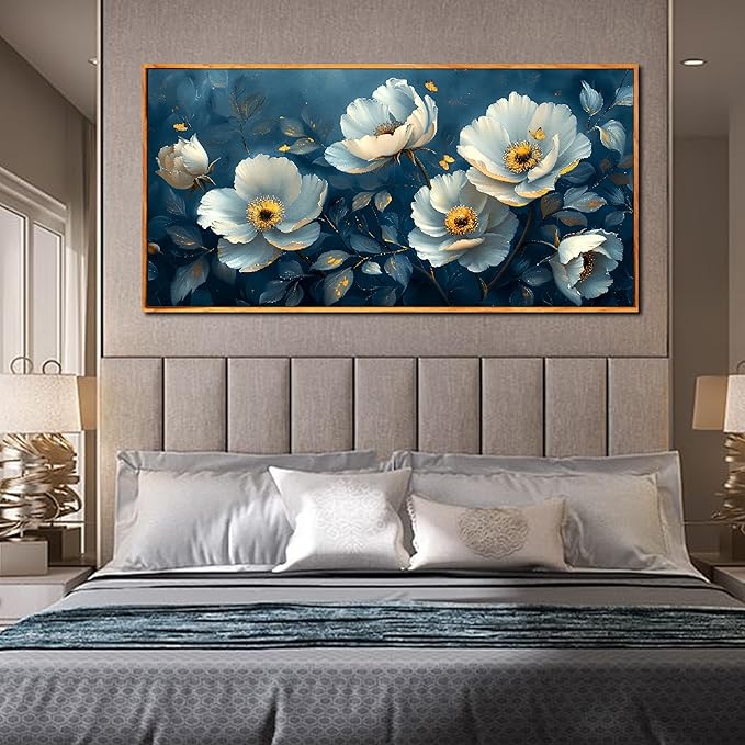 Ouzzlie Large Flower Wall Decor Blue Wall Art for Living Room Office Gold Butterfly Picture Artwork Canvas 29" x 59"