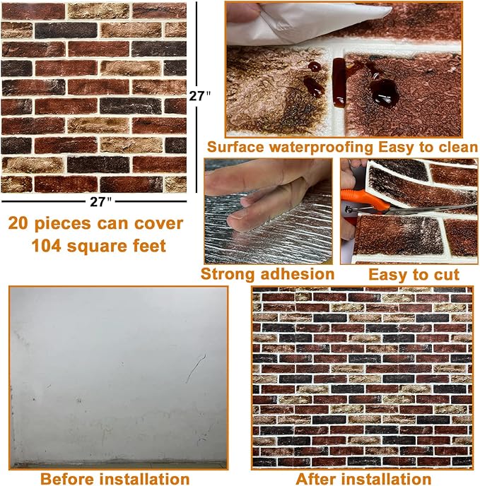 20-Pack 104 Sq.Ft 3D Wall Panels Peel and Stick 3D Faux Brick Wallpaper Peel and Stick Pink Brown Faux Stone Wall Panel Foam Brick Self-Adhesive 3D Wallpaper