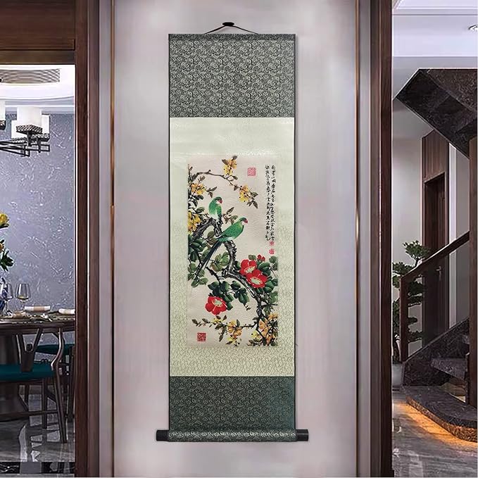 AtfArt Asian Wall Decor - Beautiful Silk Scroll Painting 4 Color Flower bird - Starling Thrush Magpie Parrot Oriental Decor Chinese Art Wall Scroll Hanging Painting 36.2 x 12in (4 Piece)