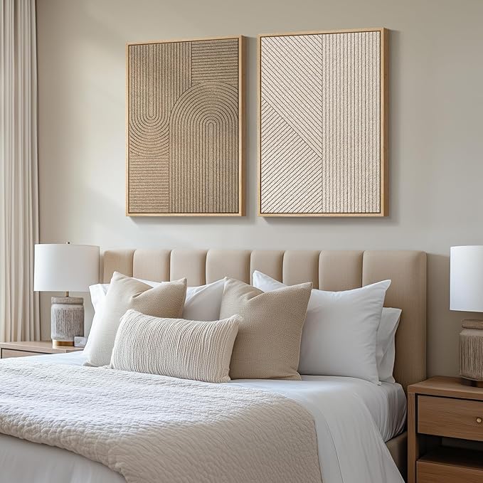 Large 3D Textured Framed Neutral Abstract Wall Art Set, 2 Piece Modern Paintings Artwork for Walls, Minimalist Beige Brown Geometric Line Pictures for Living Room Entryway Bedroom Wall Decor 24x36 In
