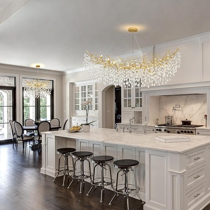 Modern Crystal Chandelier, 63" Large Rectangular Chandeliers for Dining Room, Gold Chandelier Light Fixture Raindrop FoyerChandelier Tree Branch Chandeliers for Living Room