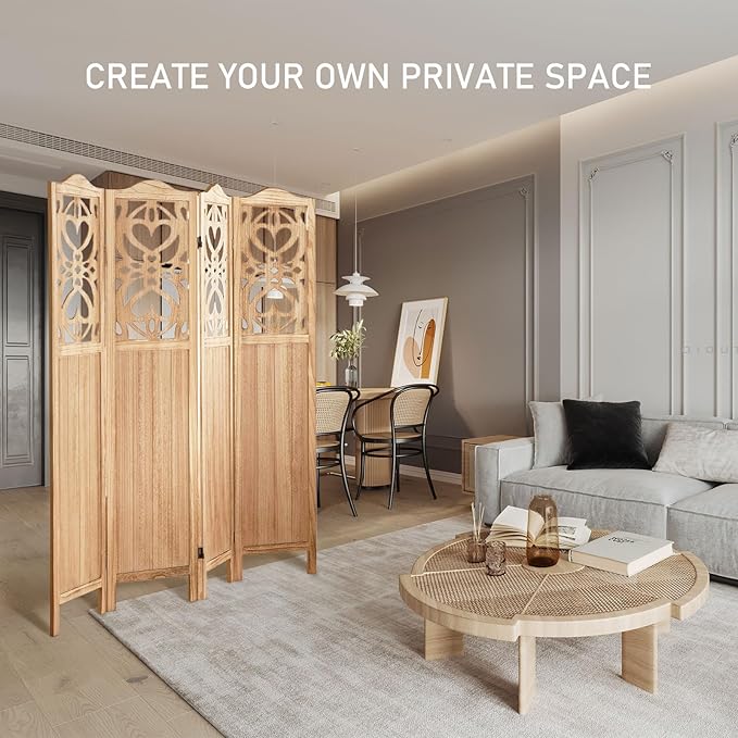 4 Panel Room Divider Fully Assembled, Carved Room Dividers and Folding Screens, 5.6Ft Wood Room Divider Screen Freestanding Partition Wall Dividers for Home Bedroom Office, Rustic Wood Color