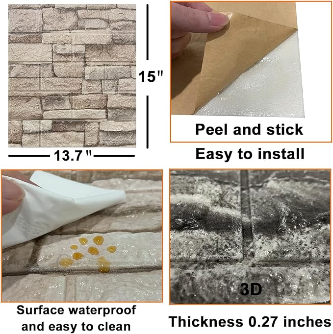 Yutianli 20PSC 3D Wall Panels Peel and Stick Faux Brick Wall Panels Self-Adhesive 3D Brick Wallpaper Foam Stone Wall Panel