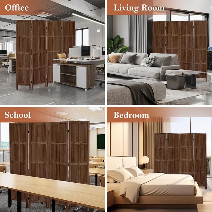 4 Panel Room Divider and Folding Privacy Screen, Classic 5.6Ft Wood Room Divider Wall, Partition Screen Divider for Room Separation for Home Office, Bedroom, Office, Dressing Room, Brown