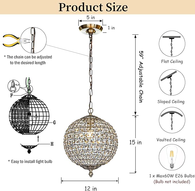 ALOADECOR 1-Light W12 in. Retro Antique Gold Globe Chandelier Small Crystal Vintage Cage-Style Shade Pendant Light for Kitchen Island Sphere Light Fixture for Bedoom
