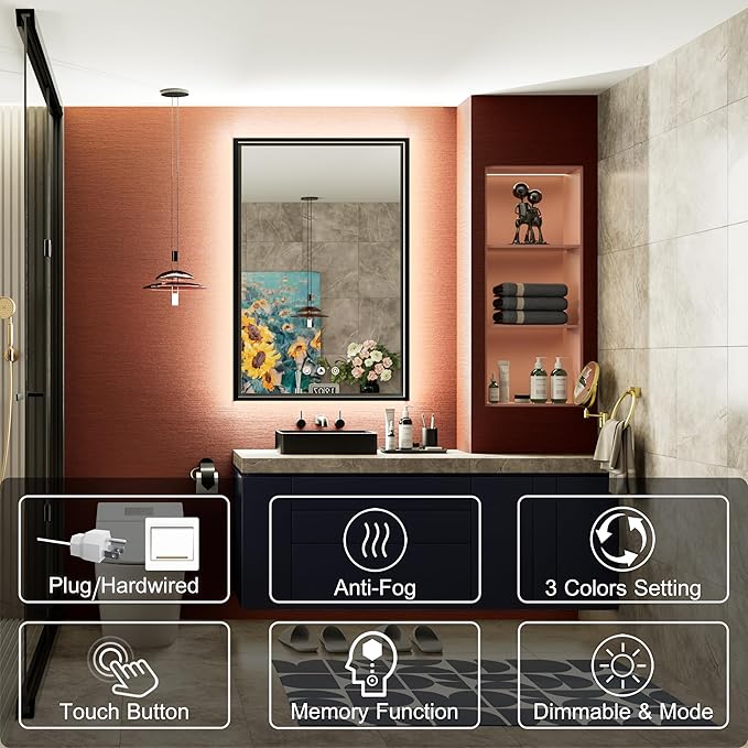 LED Bathroom Mirror with Front and Back Lighting, 3 Color Temp, Dimmable, Anti-Fog, Black Aluminum Frame Wall Mounted Lighted Bathroom Vanity Mirror