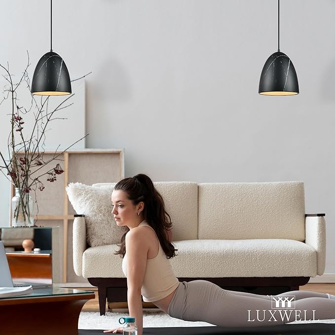 Modern Marble Pendant Light, 8.2"x7.9" Metal Hanging Light Fixture with Faux Black Stone Finish, 15"-72" Adjustable Line, E26 Socket for Office, Living Room, Dining Area – Midnight Stone