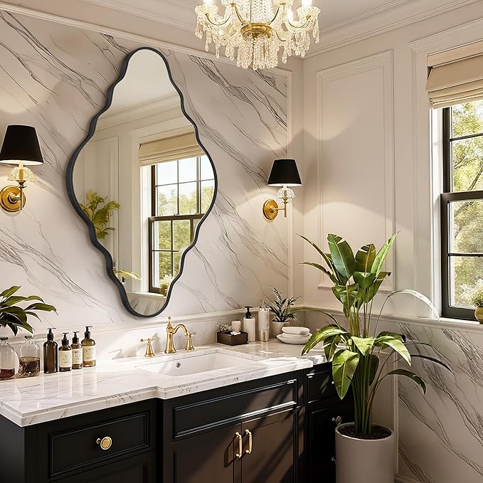 Vintage Scalloped Mirror for Bathroom, 24"x40"Black Bathroom Mirror for Wall with Brushed Alloy Steel Frame&Shatter-Proof Glass, Decorative Antique Wall Mirrors,Entryway Fireplace Bedroom(X1)