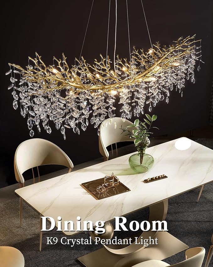Modern Crystal Chandelier for Dining Room, 16-Light 63" Gold Tree Branch Chandeliers, Luxury K9 Crystal Rectangular Chandeliers for Kitchen Island Living Room
