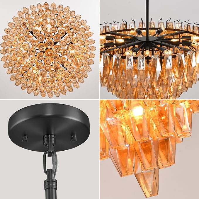 Modern Crystal Chandelier, 36" Luxury Black Round Amber Glass 8-Tier Chandelier for Dining Room, Large Bronze 20-Light Tiered Chandeliers Light Fixture for Living Room, Bedroom, Entryway, Staircase