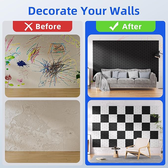 20 Pack Acoustic Panels with Self Adhesive, 12" X 12" X 0.4" High Density Sound Proof Foam Panels for Walls, Soundproof Wall Panels, Brick Sound Absorbing Panels for Home Studio Office Decor - Black