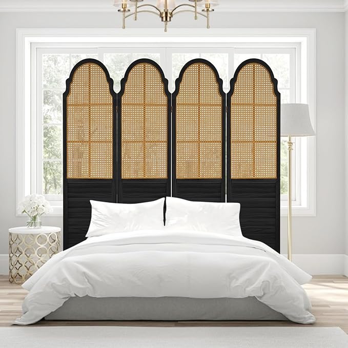4 Panel Rattan Room Divider Panel, 5.6Ft Partitions and Dividers, Louvered Partition Divider, Room Dividers Screen, Solid Wood Frame, Folding Screen, Bedroom, Family Room, Black