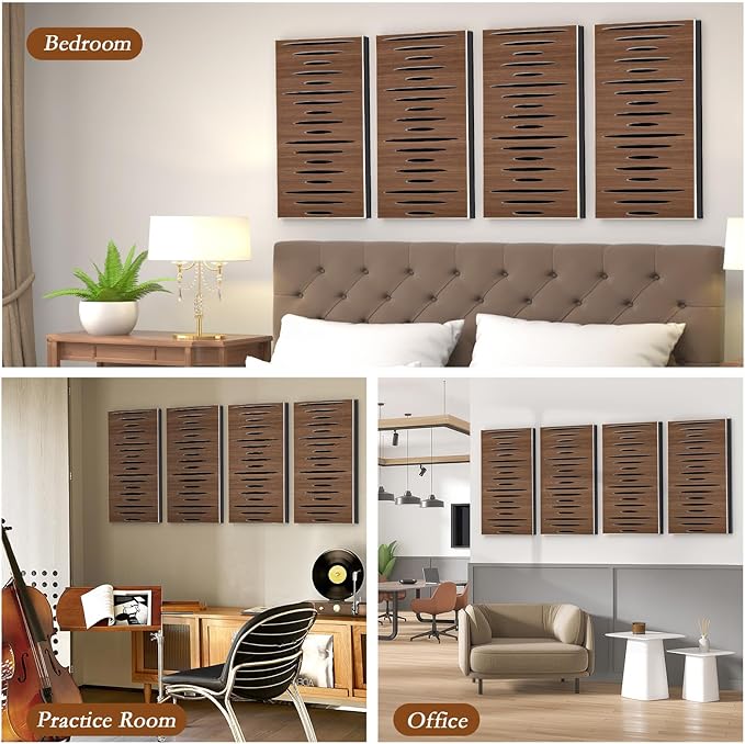 4Pack Acoustic Wall Panel Self-Adhesive Soundproof Foam Panels for Wall, 3D Perforated Tri-Layer Polyester Fiber Decorative Acoustic Insulation for Recording Studio, 24×12×1.78", Elliptical-Line