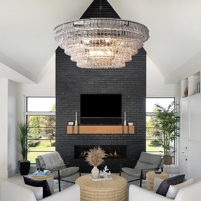 47 Inch Round Chandelier Clear Glass, Extra Large Drum Pendant Light for Dining Room, Modern Crystal Glass Ceiling Fixture Perfect for Living Room, Foyer