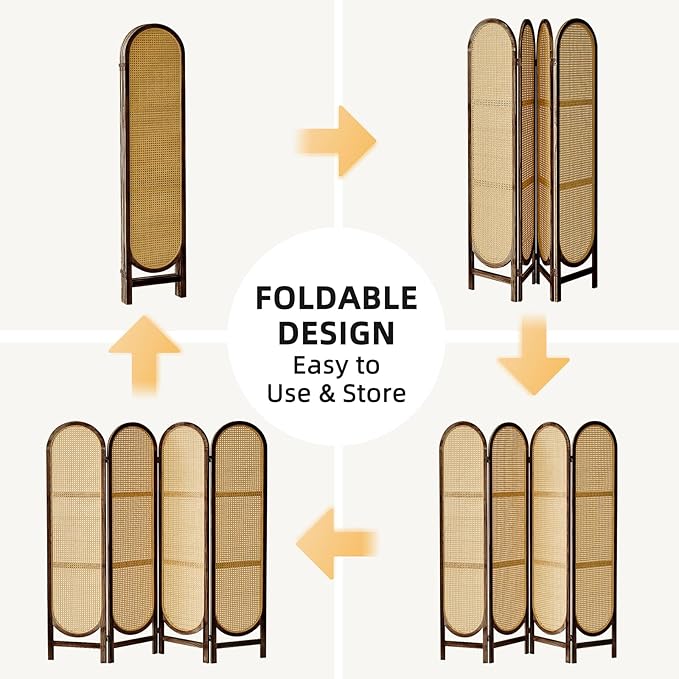 5.6 Ft Room Divider 4 Panel, Folding Privacy Screen, Rattan Room Divider, Foldable Wood Divider Panel, Portable Partition Screen, Wall Divider for Room Separation Home Office Garden-Brown