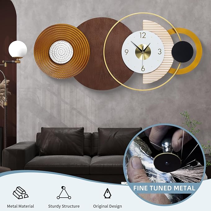 Modern Mid Century Clock Large Wall Clock Decorative Battery Operated Wall Clocks for Living Room,Silent Metal Brown Wall Clock Circle Geometric Clocks for Home,Living Room,Bedroom