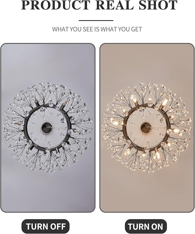 Modern Firework Chandelier, Farmhouse Black Crystal Round Dandelion Sputnik Chandeliers, 23.62" Contemporary 12-Light Pendant Hanging Lighting for Dining Room Kitchen Bedroom Living Room