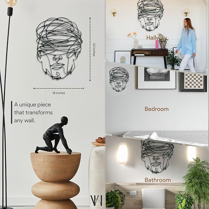 Overthinking Man Metal Wall Decor, Abstract Geometric Face Sculpture, Modern Line Art for Living Room, Office, Bedroom, and Contemporary Home Decor , Unique, Thought-Provoking Artwork for Minimalist Interiors (24 x 18 inches)
