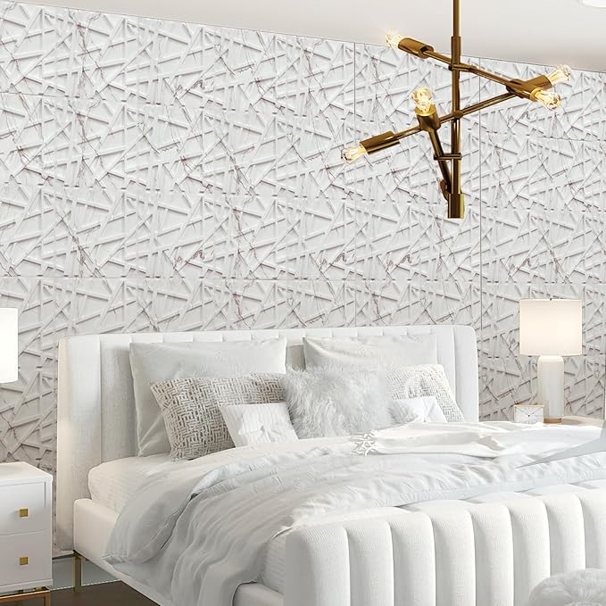 33 Pack 3D Wall Panels for Interior Wall Decor, 12''x12'' White Marble Accent Textured Wall Panels for Living Room, Gaming Room, TV Background, Cover 32 Sq.Ft
