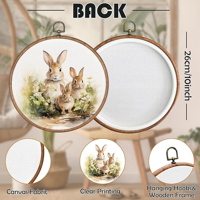 BCUANGD Vintage Bunny Round Wall Art Decor - Retro Easter Rabbit Botanical Wall Art Canvas Frame Artwork Prints, Boho Rustic Country Round Wall Hanging Decorations for Home Bedroom Farmhouse, 10"x10"