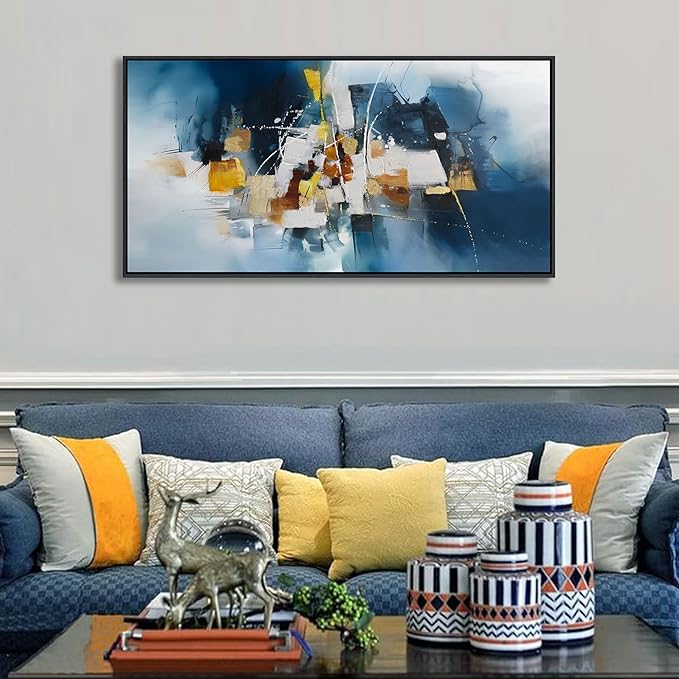 Abstract Canvas Wall Art Navy Blue Wall Art for Living Room Framed Modern Artwork for Walls, Above Bed Wall Decor Navy and Gold for Bedroom and Living Room Office Pictures Wall Decor 20×40IN