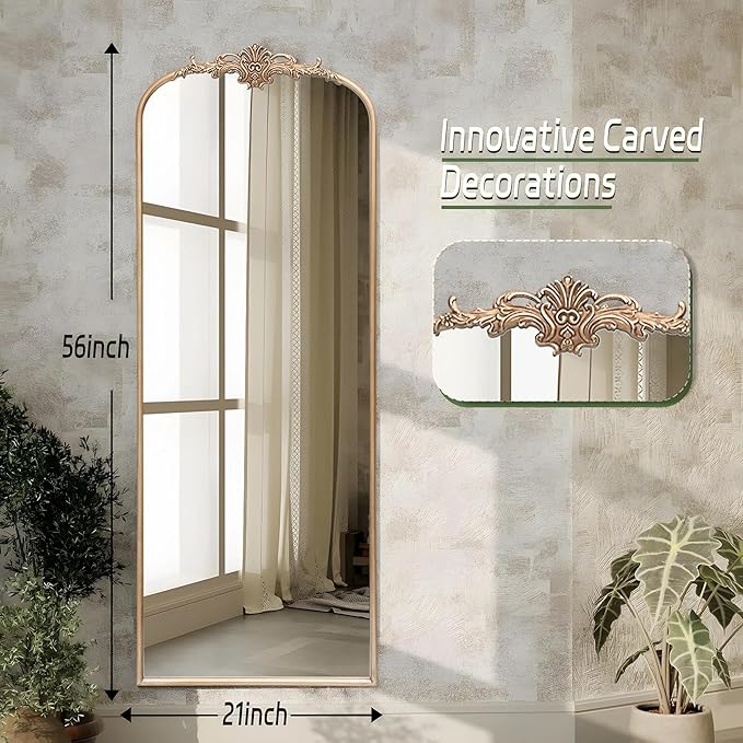 Arched Mirror Full Length: 21"x56" Champagne Gold Vintage Full Body Mirror - Floor Antique Baroque Traditional Ornate for Entryway/Cloakroom/Bedroom - Home Decor for Fashion-Conscious