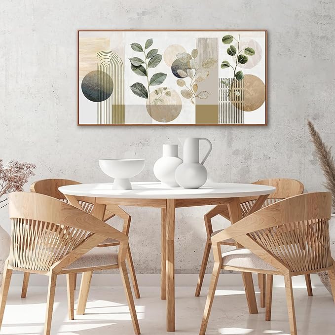 Boho Wall Art Minimalist Canvas Wall Art Decor Geometric Line Leaf Beige Green Wall Art Canvas Artwork Print Paintings Abstract Art Botanical Boho Room Office Home Wall Decor 20" X 40" With Framed