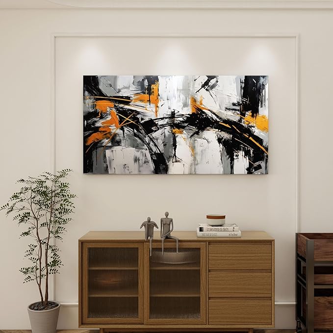 Black Abstract Canvas Wall Art Elegant and Modern Orange Wall Art for Living Room - Canvas Wall Decor for Office and Home - Large Framed Artwork for Walls , White, Gray and Unique Orange Accents 48×24in