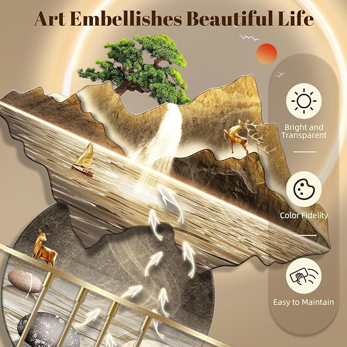 LED Light Decor Wall Art, 3D Art Wall Decor with Light, Decors Walls Sculptures Large 3D Art, Decors Walls Sculptures Lighting Modern, Plug-in Power Supply, Gold A, 23x53in