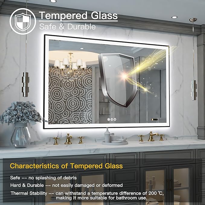 32"x32" LED Framed Mirror for Bathroom - Square Vanity Mirror with Backlit and Front Light, Framed Dimmable Illuminated Mirror for Wall, Anti-Fog, Shatterproof, Memory, 3 Colors (Horizontal/Vertical)