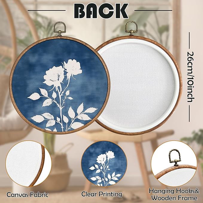 BCUANGD Vintage Navy Blue Round Wall Art Decor - Retro Floral Botanical Wall Art Canvas Frame Artwork Prints, Neutral Mid Century Modern Round Wall Hanging Decorations for Home, 10"x10"