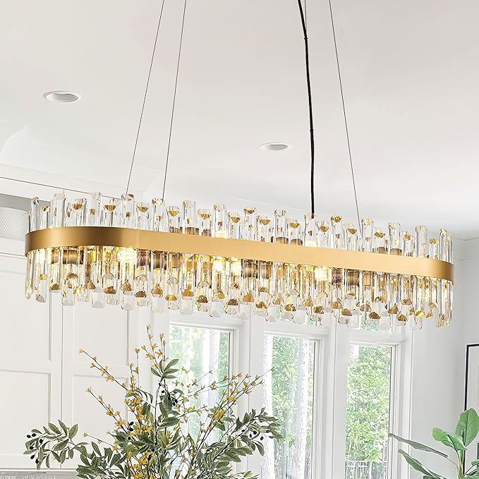 39" Modern Gold Rectangle Crystal Chandelier Light Fixtures for Kitchen Island Luxury Linear Crystal Chandeliers for Dining Room 16-Light Long Hanging Pendant Lighting for Entryway Foyer Bar