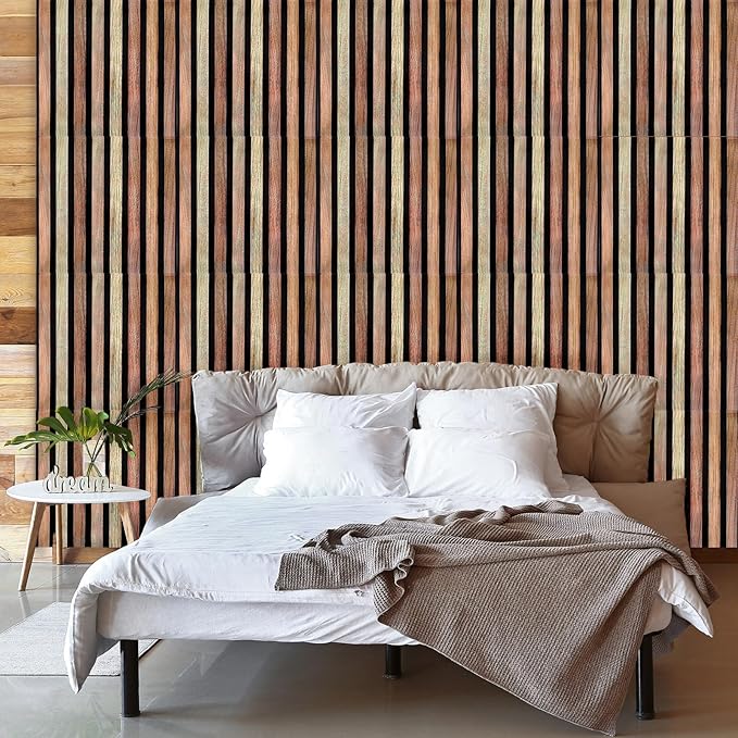 30 Pcs Faux Wood Slat Wall Panel Peel and Stick 11.8"x11.8" Peel and Stick Wood Tiles Ultralight PVC Wall Paneling for Bedroom, Bathroom, Kitchen Backsplash, Farmhouse Interior Decor