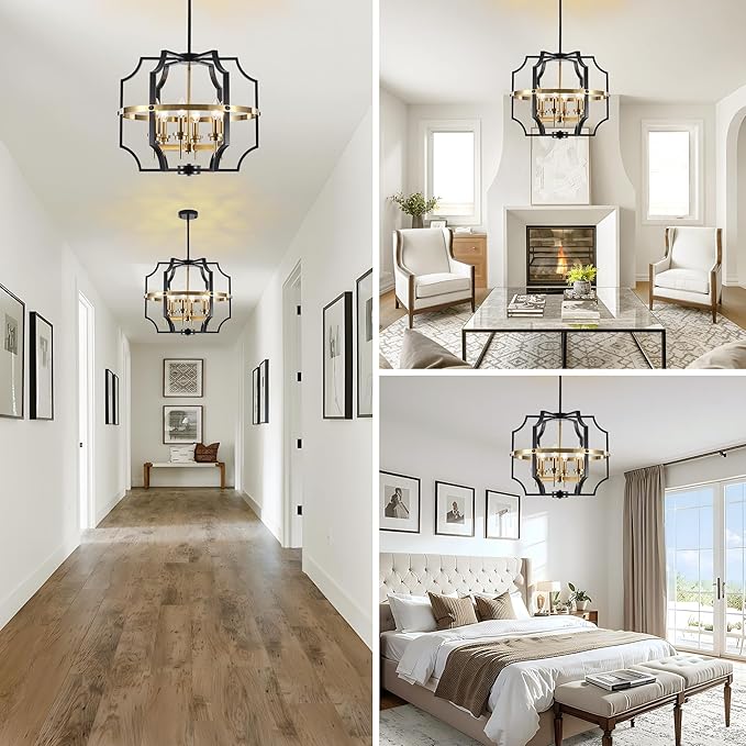 19.7'' Black and Gold Chandelier for Dining Room, 6-Light Farmhouse Industrial Chandelier Adjustable Modern Geometric Pendant Lights for Living Room Kitchen Entryway Foyer Hallway