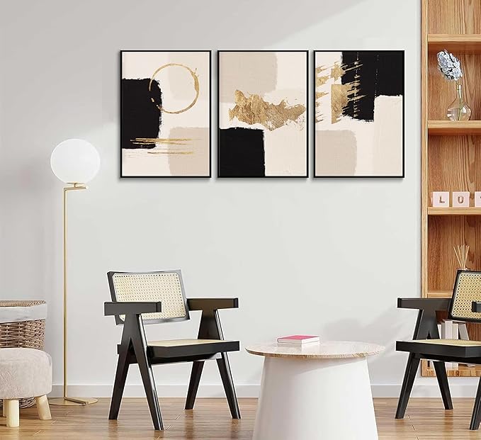 3pcs Black Gold Abstract Wall Art Bohemian Simple Geometric Canvas Poster Print Modern Beige Picture Painting Wall Decor for Living Room Bedroom Office Decoration Frameless