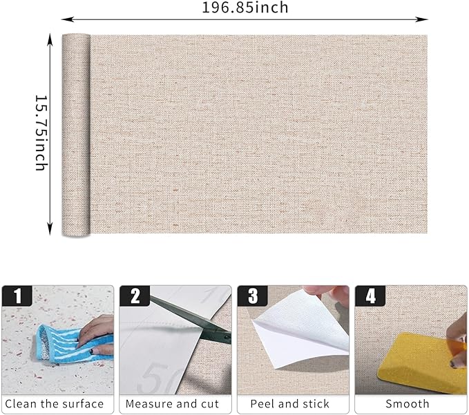 Beige Grasscloth Contact Paper 15.75x196.85inch Peel and Stick Wallpaper Removable Textured Wallpaper Self Adhesive Faux Linen Decoration Wall Paper for Furture Countertop Renovation