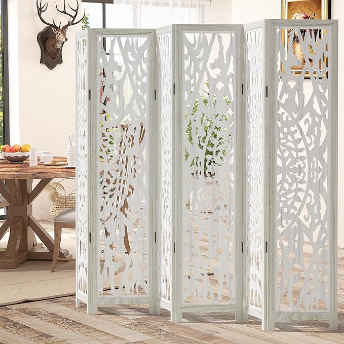 Casaphoria 6 Panels Room Divider, Folding Screen Room Divider with Carved Floral Pattern for Home Office, Restaurant and Bedroom, Paulownia Wood, 95" W x 67" H (White)