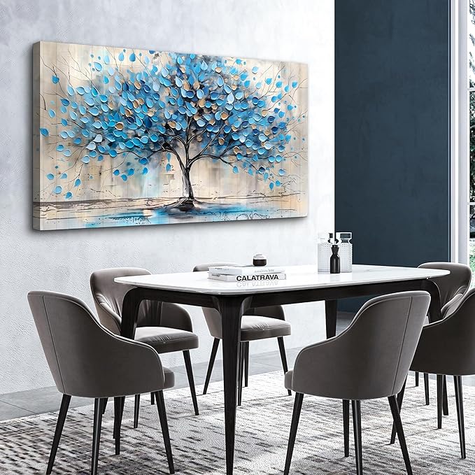Lapremoly Large Wall Art For Living Room Framed Wall Decor For Bedroom Office Decor Textured Abstract Wall Pictures Artwork Blue Tree Painting Panoramic Landscape Prints Home Decorations 30x60 In