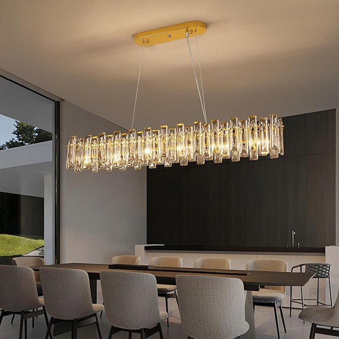 Modern Luxury Rectangular K9 Crystal Chandelier for Dining Room Living Room Kitchen Island Entryway Foyer L31.5 Easy Install Adjustable Hight 5-Light Ceiling Hanging Light Fixture Gold