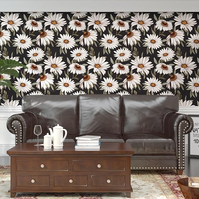 Boho Wallpaper Peel and Stick Dark Floral Contact Paper 17.5in x 118in Vinyl Waterproof Self-Adhesive Vintage Botanical Large Daisy Wall Paper for Bedroom Walls Countertop Decor
