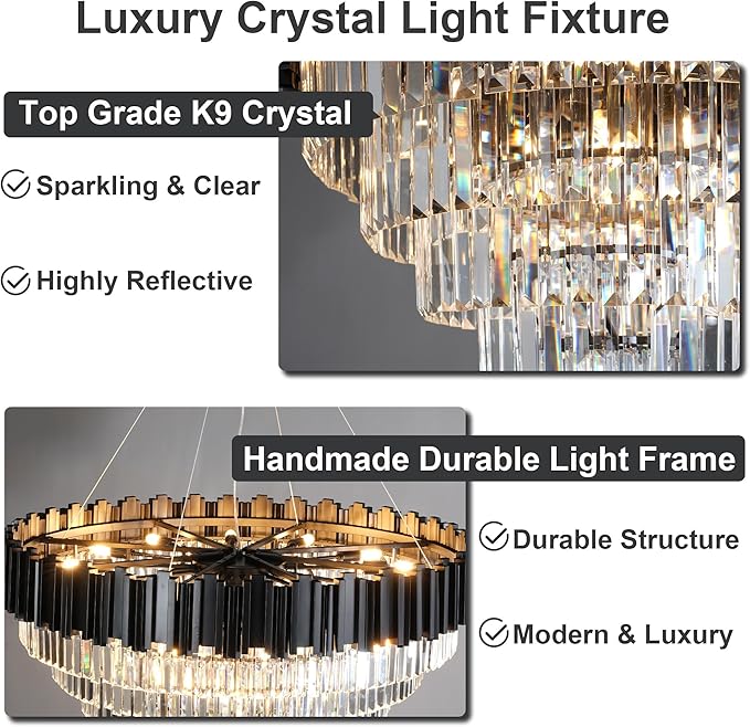 7-Tier 39" Black Chandelier, 21-Light Modern Crystal Chandelier, Luxury Round K9 Crystal Chandeliers Pendant Light Fixture for Dining Room, Living Room, Bedroom, Foyer, Entryway, Kitchen, Restaurant