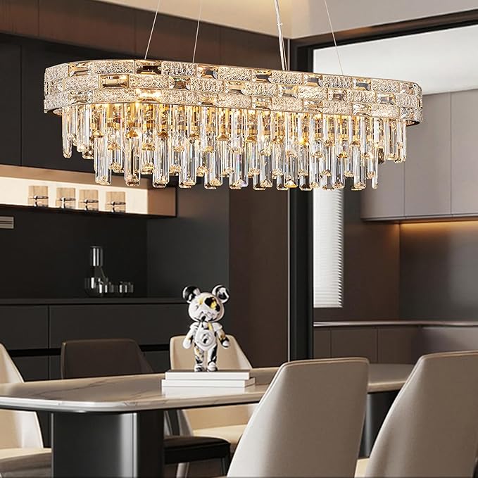 Modern Crystal Chandelier,12-Light Gold Chandelier Light Fixture Contemporary Luxury K9 Crystal Rectangular Pendant Ceiling Light Fixture for Dining Living Room Kitchen Island Bar (L34.3Inch)