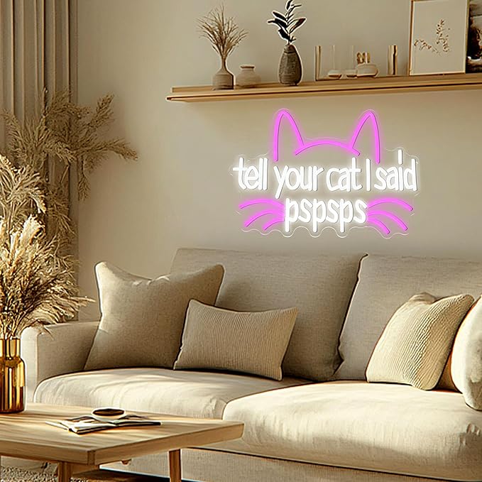 LISIGNVE Cat Neon Sign Tell Your Cat I Said Pspsps Neon Signs for Wall Decor Cartoon Animal Face Led Sign Pspsps Neon Light for Pet Shop Cat Cafe Bedroom Bar Man Cave(16.5”*11.8”)